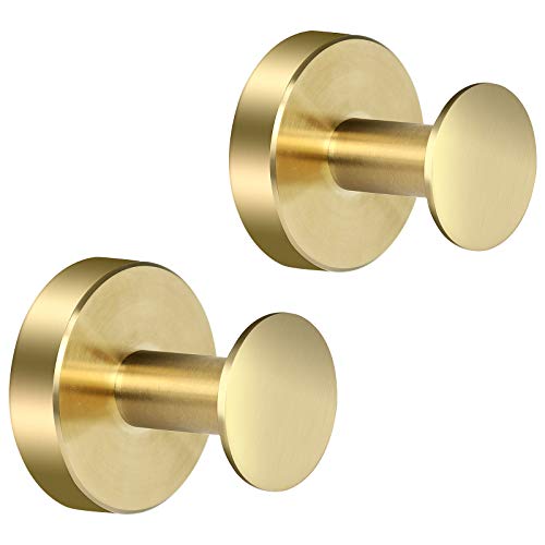 WaaWee 2 Pack Robe Towel Hook, Wall Mount Stainless Steel Wall Hook, Heavy Duty Clothes Coat Hooks for Bathroom Kitchen Home Storage (Gold)