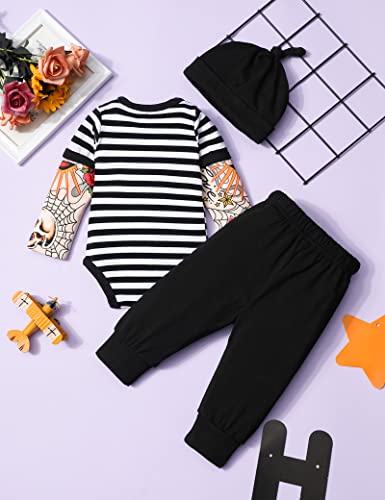 Baby Boy Clothes 0-3 Months Fake Tattoo Sleeve Just Did 9 Months On The Inside Funny Baby Onesie Romper Rockabilly Bodysuits +Little Man Hat + Skull Pant 3Pcs Outfits Set #TOP4
