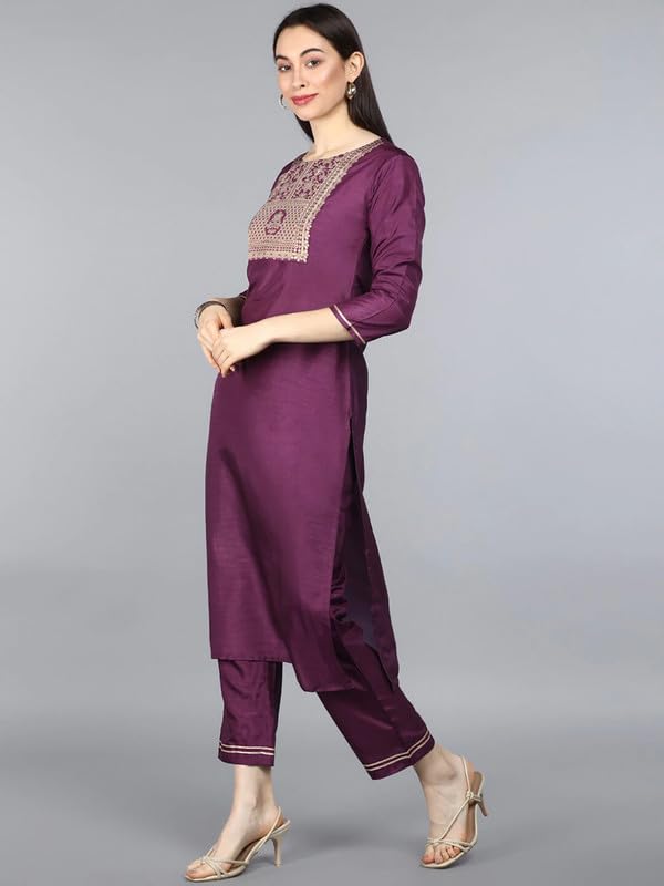 Image of Vaamsi Women's Poly Silk Ethnic Motifs Yoke Design Straight Kurta Set with Dupatta