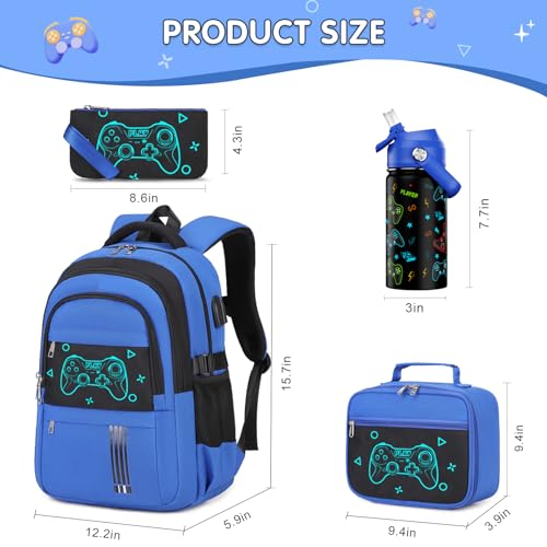 Boys Backpack with Lunch Bag Pencil Case, 14oz Insulated Bottle, BPA-FREE Double Tumbler 18/8 Stainless Steel Leak Proof Cups with Metal Straw for School Boy (Blue Game Console)2