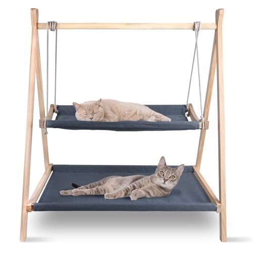 Cat Swing Bed,Cat Swing Hanging Bed, Cleanable for Indoor Cats, Wooden Elevated for Multiple Cats to Sleep and Play 27