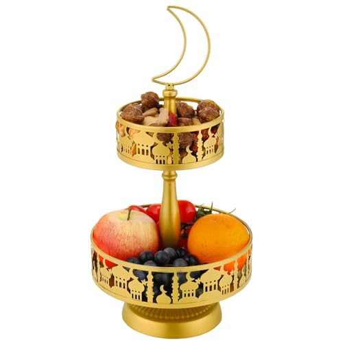 Ramadan Serving Trays - 2 Tiered Metal Platters Eid Mubarak Islam Muslim Al-Fitr Iftar Party Food Serving Tray Ramadan Decoration for Home Breakfast Dinner Table Decor (Gold Castle)