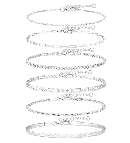 Besteel Ankle Bracelets for Women Waterproof - 14K Gold Plated Non Tarnish Layered Cuban Link Chain Rope Figaro Herringbone Anklets Set Plus Size Anklet Summer Foot Jewelry Gift Adjustable 8 Inch FS