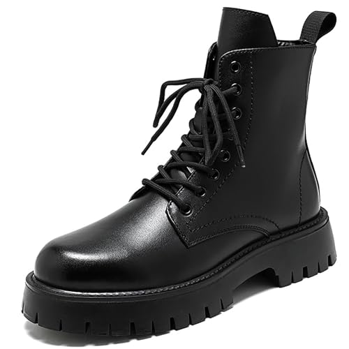 Men'S Black Patent Leather Platform Combat Boots Fashion Side Zipper Wide Toe Lace Up Chunky Lug...