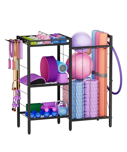 Fiwithy 3 Tiers Dumbbells Yoga Mat Storage Rack with Elastic Straps for Kettlebells Foam Roller Resistance Bands Balls