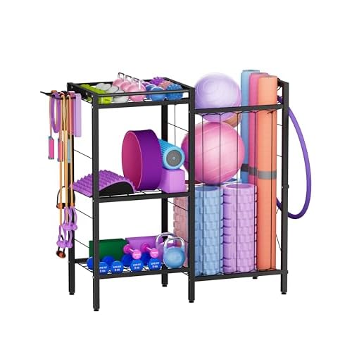 3 Tiers Dumbbells Yoga Mat Storage Rack with Elastic Straps for Kettlebells Foam Roller Resistance Bands Balls, Workout Equipment Organizer Weight Storage Holder with Hooks for Home Gym