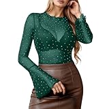 Parte superior brillante para mujer de malla transparente con estrás, sexy, de malla, manga larga, cuello alto, blusa, parte superior de malla, transparente, para carnaval, fiesta, clubwear, O Verde