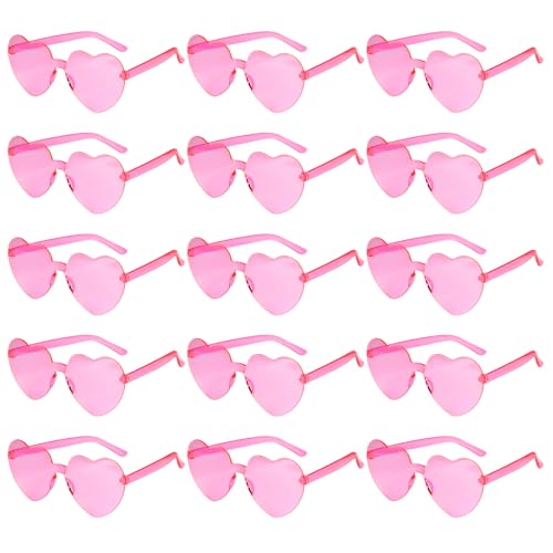 PLULON 15 Pairs Heart Sunglasses for Women Pink Heart Glasses Valentine's Day Rimless Shaped Sunglasses Candy Color Fun Glasses for Party Favor (Pink)