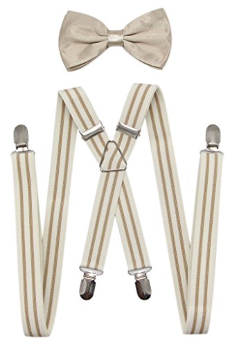JAIFEI Men's X Back Suspenders & Bowtie Set - Perfect For Weddings & Formal Events (Cream Stripe)