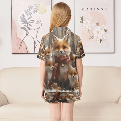 ALAZA Fox Winter Landscape Satin Pajamas Set Short Sleeve Button Down Sleepwear Summer Pjs 2 Piece4