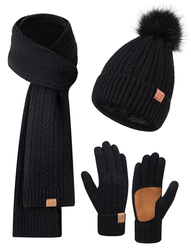 Winter Beanie Hat Scarf Gloves Set for Women Men Fleece Lined Hat Pom Pom Touchscreen Gloves Cold Weather