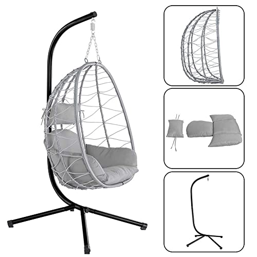 BAKAJI Poltrona Sospesa da Giardino Sedia Dondolo Amaca Pensile da Esterno Struttura Metallo Nido in Rattan e Corda + Cuscino Seduta Imbottito e Poggiatesta Design Moderno 198 x 110 x 95 cm (Grigio) - Immagine 3