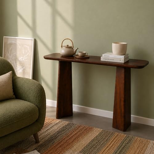 Image of Gharaana Vianaar Wooden Console Table for Living Room | 100% Solid Mango Wood | Walnut Finish | Entryway, Hallway & Living Room Furniture (48x13x30)