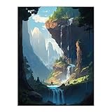 Artery8 Under a Cascading Waterfall Concept Art Painting Blue Green Orange Hidden Kingdom in Dreamy Cliff Landscape Large Wall Art Poster Print Thick Paper 18X24 Inch
