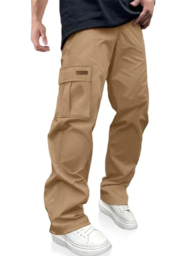 PLEPAN Men's Casual Cargo Pants Drawstring Hiking Workout Tactical Joggers Sweatpants for Men with Pockets Dark Khaki Large