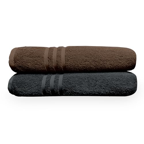 Image of Divine Casa 100% Cotton Bath Towel Set of 2, 550 GSM Ultra Soft Highly Absorbent Thick Towels, Large 75 x 150 cm, Brown & Grey Combo