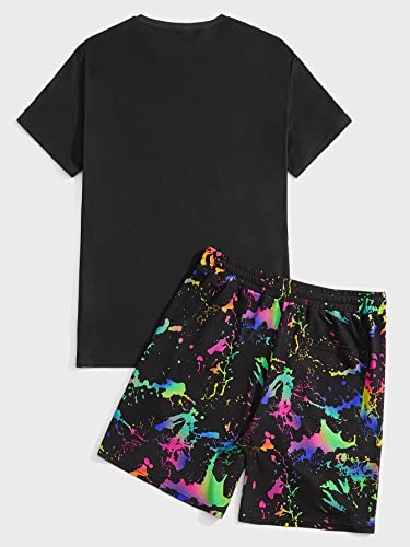 Oyoangle Men's Casual Graphic Print T Shirt And Drawstring Waist Shorts Set Tracksuit 2 Piece Outfits Solid Black And Blue Xxl #TOP1