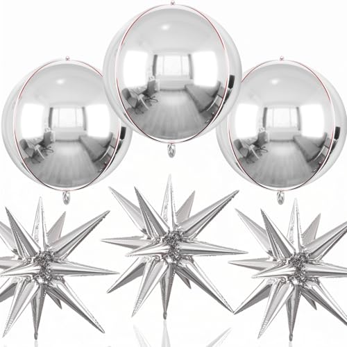 Image of 6pcs 22 inch Silver Star Balloons and Silver 4D Large Foil Balloons, Foil Star Balloon 4D l Aluminum Balloon For Birthday Baby Shower Party Wedding Graduation Anniversary New Year Bridal Shower Decor