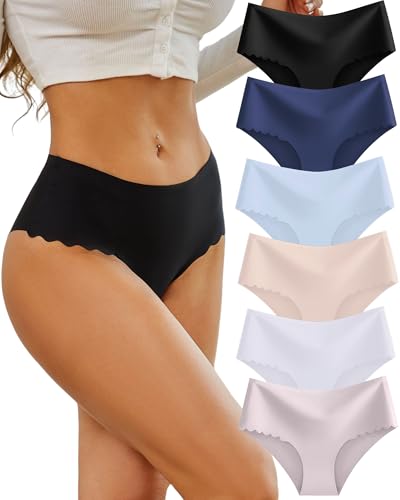 Image of Sth Big High Waisted Seamless Underwear for Women No Show Panties Cheeky Scalloped Edge Bikini Breathable Briefs 6 Pack
