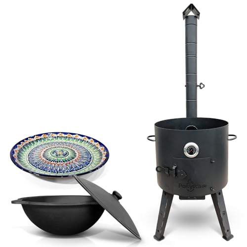 Horno de fuego Utschak Ø 44 cm Termómetro Hierro Fundido Kazan 16 L Ø 46,5 cm Fondo plano Lagan Ø 37 cm Учак Учаг Uchag Asia (Set 1)