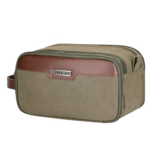 Image of WITZMAN Canvas Toiletry Bag for Men Large Capacity Hanging Dopp kit for Men Leather Toiletries Water-Resistant Bathroom Bag(A8002 Army Green)