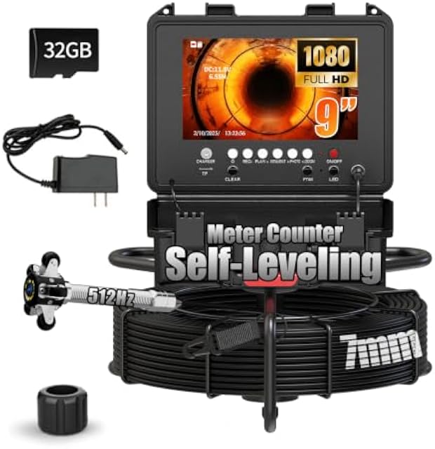 Sewer Camera Self Leveling 9'' with 512Hz Sonde & Meter Counter, 100ft Drain Inspection Camera with 32GB DVR, 5X Zoom, 12 LEDs, IP68 Waterproof 23MM 1080P Camera, 7MM Pipe Endoscope for Plumbing