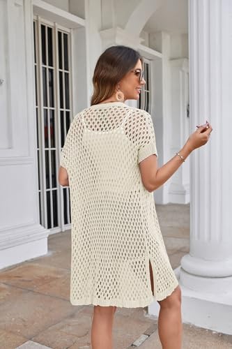 GRACE KARIN Mesh Cardigan Sweaters for Women Crochet Short Sleeve Open-Front Long Cardigan Cover ups Knitted Sheer Tops4