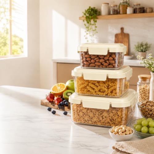 Image of Vasukie 3-Big Piece Airtight Plastic Food Storage Containers - Big Square Nesting Meal Prep Containers with Cream Airtight Locking Lids - Clear BPA-Free Kitchen & Pantry Storage Box Set
