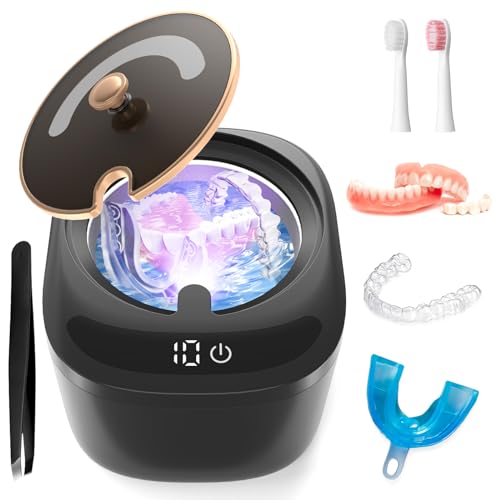 Ultrasonic Retainer Cleaner Machine - Raccomb 45kHz LED Light Ultrasonic Cleaner for Dentures, Aligner, Mouth Guard, Night Guard Cleaner, 230mL Sonic Cleaning Machine for Jewelry, Dental Appliances