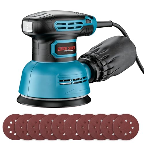 VOBOR 300W Ponceuse Excentrique, 6 Vitesses, 12000RPM, 125mm Papier Abrasif 10 Pièces, avec Collecte de Poussière, Ponceuse Orbitale pour le Polissage du Ponçage du Bois
