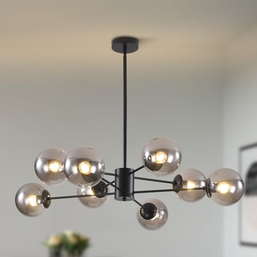 BOKT Mid Century Modern Matte Black Chandelier 8-Lights Globe Glass Ball Chandelier Flush Mount Ceiling Light Industrial Vintage Farmhouse Kitchen Island Pendant Lighting Fixture