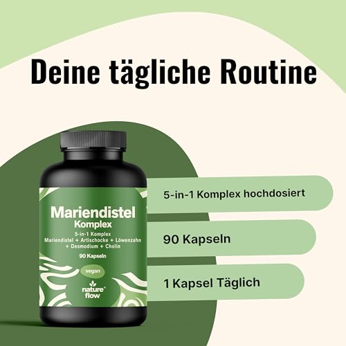 Mariendistel Artischocke Löwenzahn Komplex Hochdosiert – 90 Kapseln – Leberkomplex 5-in-1 Komplex mit Mariendistel, Artischocke, Löwenzahn, Desmodium & Cholin, Leberkur – Vegan, Laborgeprüft