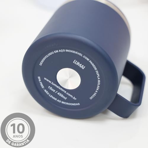 Caneca Térmica 450ml LUMAI de Aço Inoxidável com Tampa Vedada e Alça Confortável Parede Dupla Isolad
