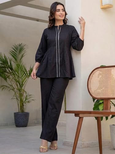 Image of TAGDO Co Ord Set for Women Stylish | Linen Kurta Set for Women | Mandarin Neck & Button Kurti Tops with Straight Fit Pants | Casual, Office & Travel Wear Two-Piece Outfit (2062)
