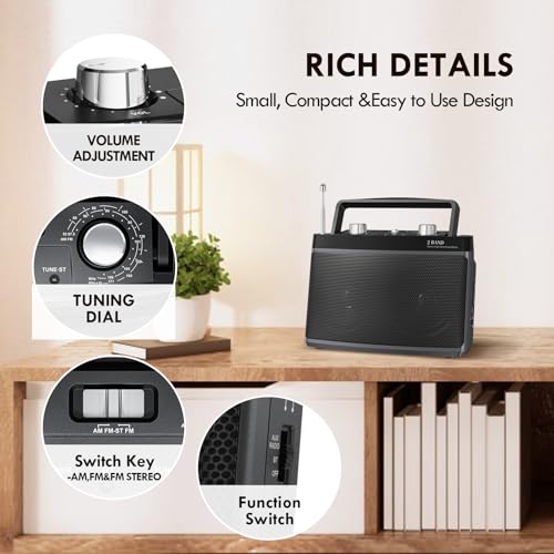 Audiocrazy AM FM Portable Radio Plug in Wall or Battery Powered for Home & Outdoor, Strong Reception & Stereo Sound, Easy to Use, Headphone Jack,Aux in,Small Gifts for Seniors Elderly （Black） by Audiocrazy - Image 5