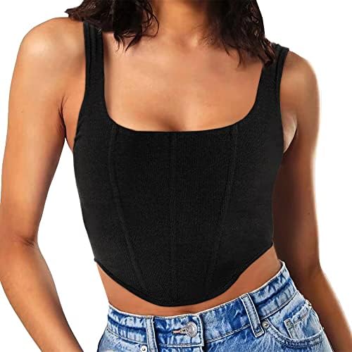 MISSJOY Women's Summer Square Neck Sleevelss Ribbed Boned Zipper Back Bustier Corset Crop Tank Tops Black S