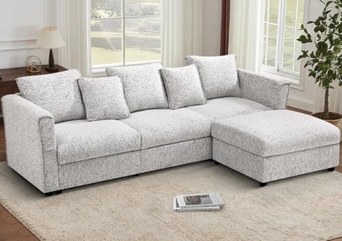 ACMEASE 110” Chenille Oversized 3 Seats Sofa w/Movable Ottoman, Light Grey