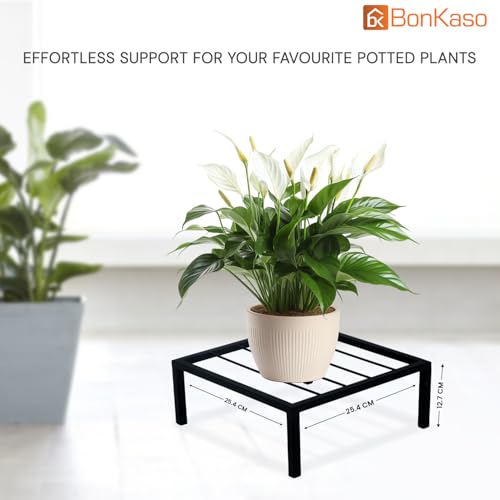 BonKaso Square (Pack of 2) Metal Plant Stand for Balcony & Garden (25.4x 25.4 x 12.7 cm) | Flower Pot Holder for Indoor & Outdoor Use | Decorative Planter Stand for Living Room & Home Decor- Black - Image 2 thumbnail