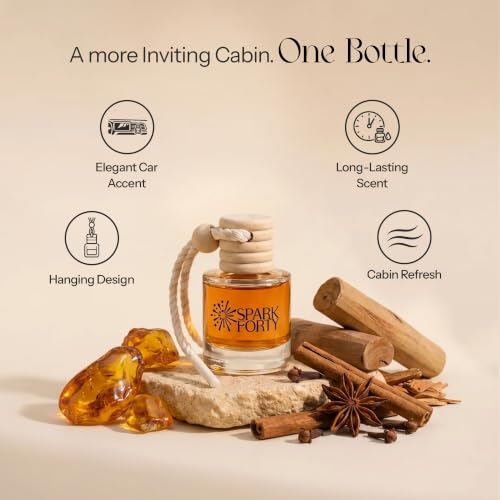 Image of Sandal & Amber Car Air Freshener Hanging | Car Perfume, 8 ml | 0.27 fl oz (8 ml) | 30-Day Luxury Glass Diffuser | Amber, Creamy Sandalwood & Woody Spice | Long-Lasting Woody Spice Scent