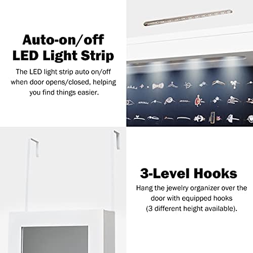 CASART LED Lighted Jewelry Cabinet, Wall & Door Mounted Jewelry Armoire with Full-Length Mirror, Adjustable Hanging Storage Makeup Box Jewelry Organizer