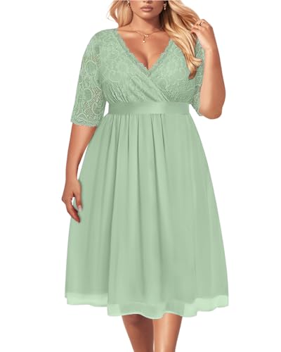 Image of Pinup Fashion Plus Size Lace Chiffon Wrap V Neck Dresses Women Cocktail Wedding Guest Midi Dress