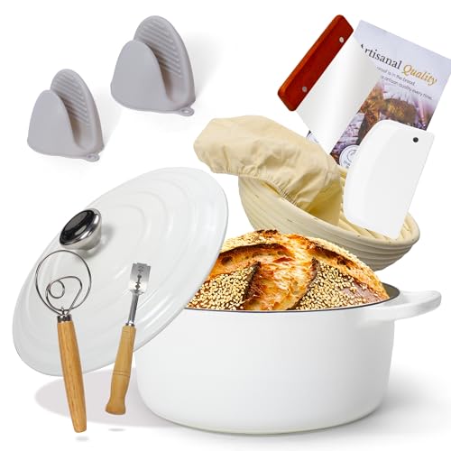 Enameled Cast Iron Dutch Oven with Proofing Basket, Non-Stick Ovenproof Casserole Pot, White Dutch Oven for Braising, Stews, Roasting & Bread Baking 5Litres-26cm