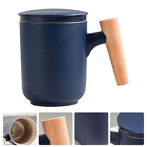 Cabilock Caneca de café de cerâmica com tampa e cabo de madeira, copo de cerâmica para chá azul, can