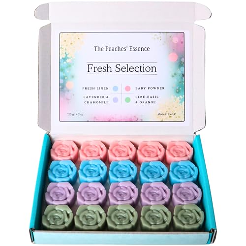 Favourite Fresh Selection Wax Melts: Highly Scented Flower-Shaped 20 Packs. Fresh Linen, Baby Powder, Lavender Chamomile & Vanilla, Lime Basil & Mandarin. Natural Soy Wax, Handmade and Vegan.
