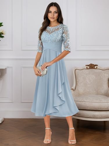 Tea Length Mother of The Bride Dresses for Bride 2025 Lace Chiffon Wedding Guest Formal Dress YH362