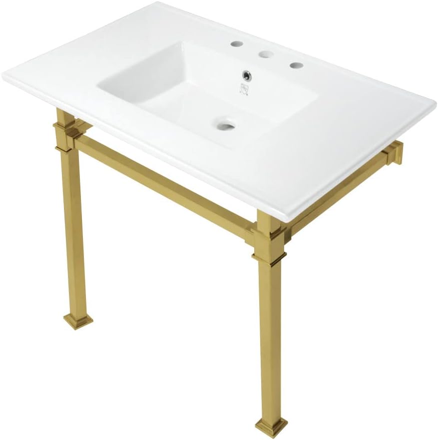 Kingston Brass KVPB37228Q0 Monarch 37-Inch Console Sink with Stainless Steel Legs (8-Inch, 3 Hole), White/Matte Black