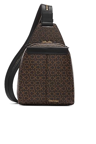 Image of Calvin Klein Women's Millie Backpack for Women - Vegan Leather Monogram Backpack, 2 Pockets, Brown /Khaki /Black, One Size