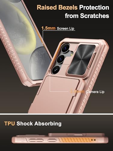 Image of Vihibii PC For Samsung Galaxy S24 Back Cover With Slide Camera Cover & Card Holder (4 Cards) & Kickstand, Hard Case For Galaxy S24 6.2 inch 2024, Rose Gold