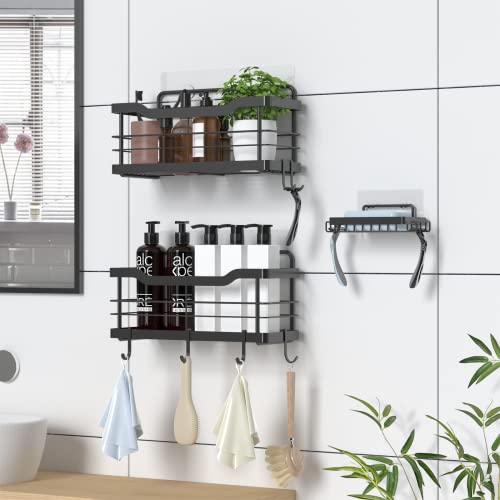 Carwiner Shower Shelf Deep Caddy 3-Pack Basket With 10 Hooks & Soap Dish Holder, Sus304 Stainless Steel Bathroom Caddy Organizer Rack Adhesive Shampoo Holder Wall Mounted No Drilling (Black) #TOP1
