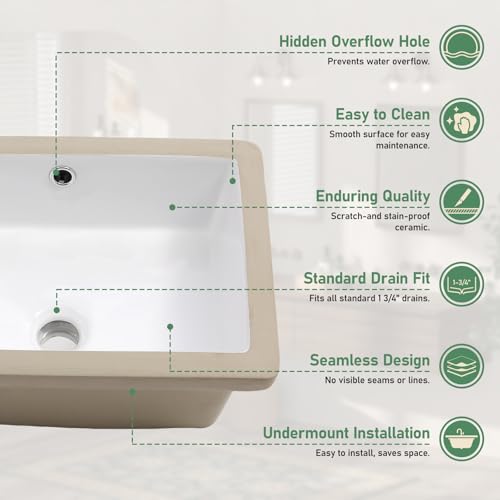 Couoko 18x12 Inch Undermount Bathroom Sink with Rectangular Bottom White Ceramic Vessel Bathroom Sinks Vanity Classic Basin with Overflow by Couoko - Used condition - Image 4